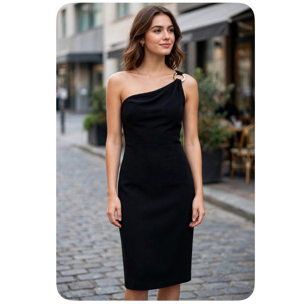Michael Michael Kors One Shoulder Black Sheath Dress Gold Ring Detail Size 4